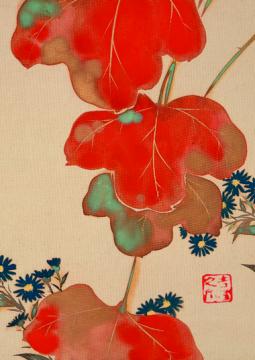 Kamisaka Sekka, Fleurs et plantes des douze mois (détail), entre 1920 et 1925,  deux feuilles d’album d’un ensemble de douze feuilles, encre et couleurs sur soie, Musée Hosomi, Kyōto Ogata Kōrin, 